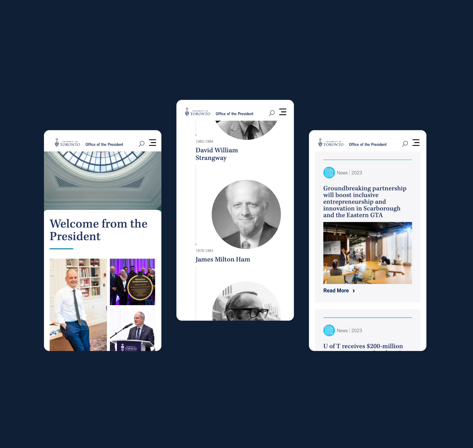 Three mobile screen views of the U of T President website