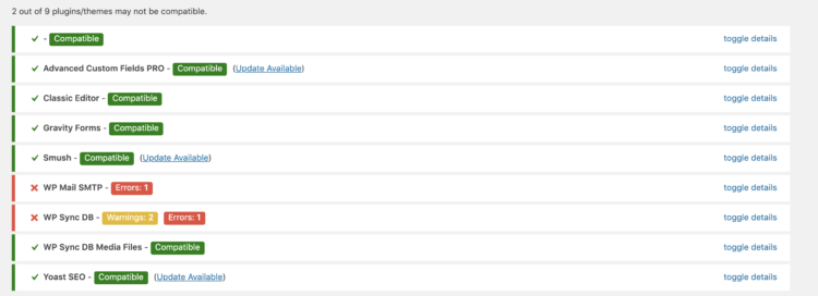Report from WP compatibility checker