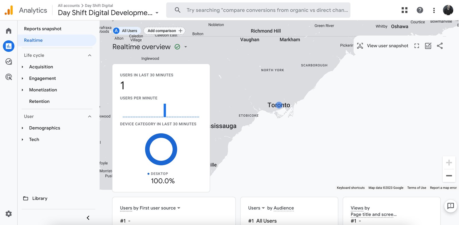 Google Analytics four real time view screen showing one user is visiting the site