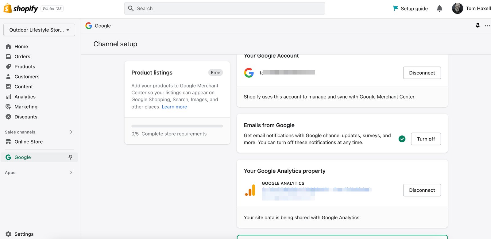 Shopify dashboard area with the Google Sales Channel app connection screen requiring a login
