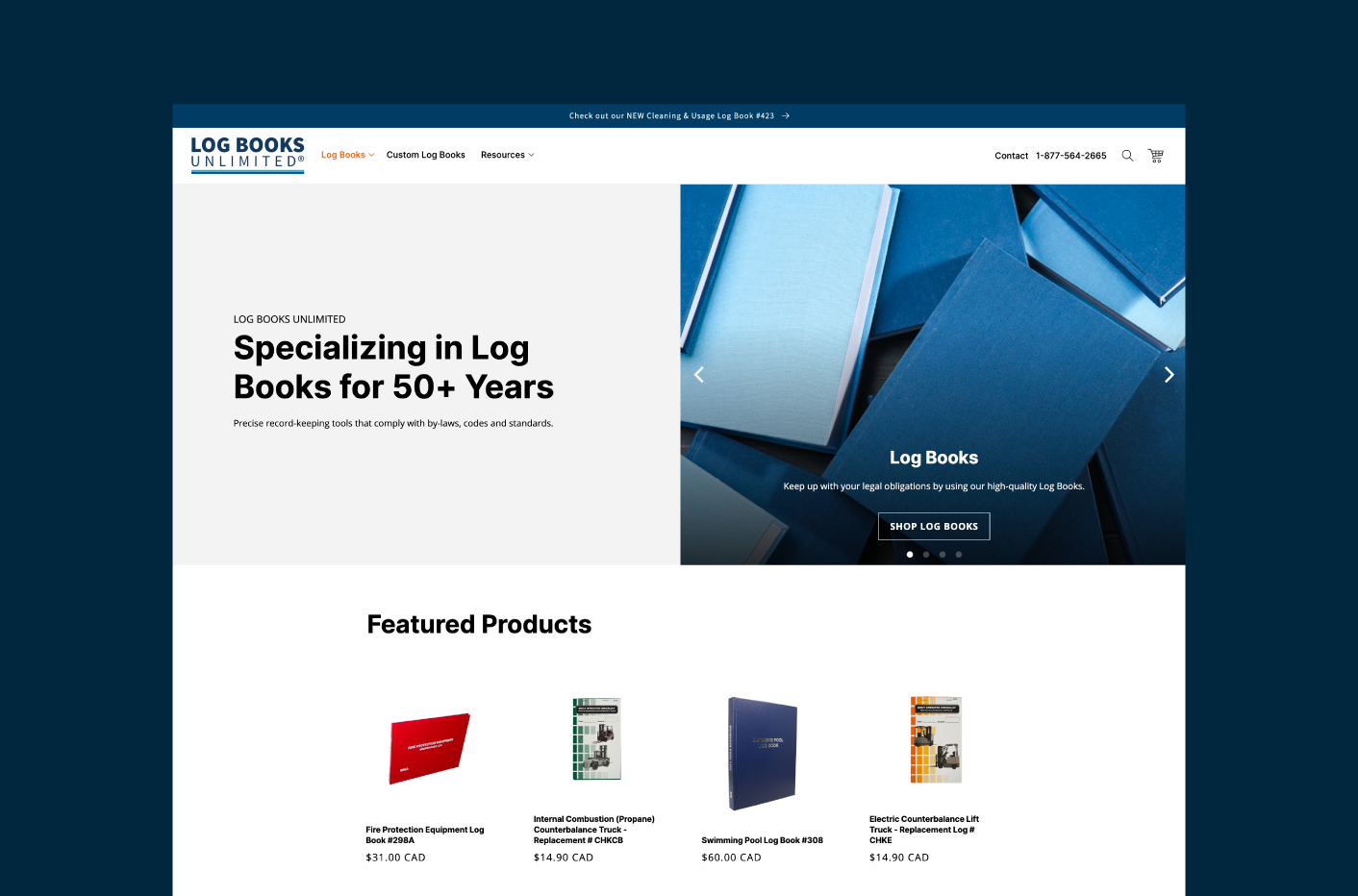 Desktop view of the Log Books homepage showing the main navigation and a banner image of their products