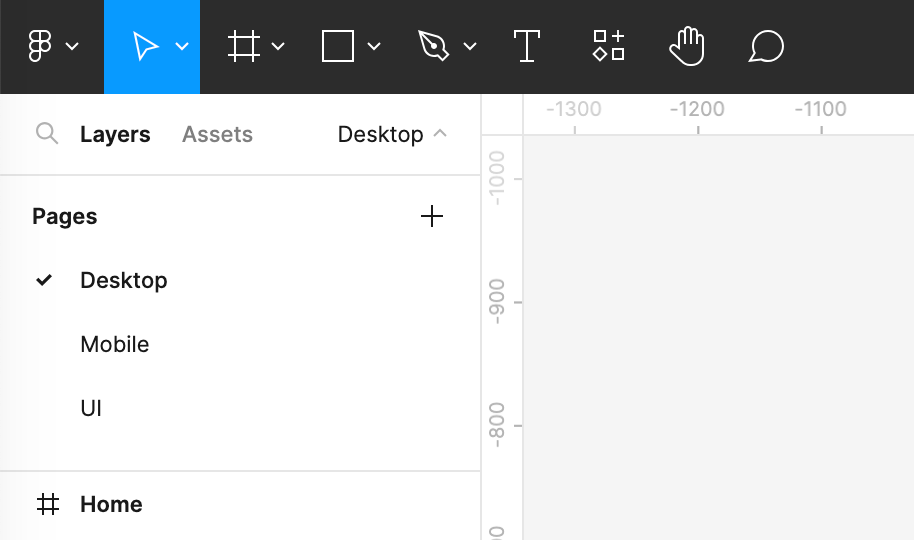 Screen shot of the pages feature in figma